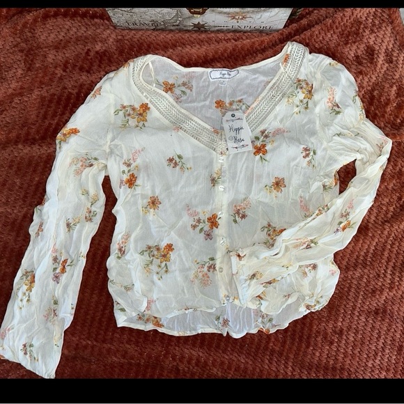 Hippie Rose Tops - Hippie Rose Floral Lace Blouse - Cream and Orange